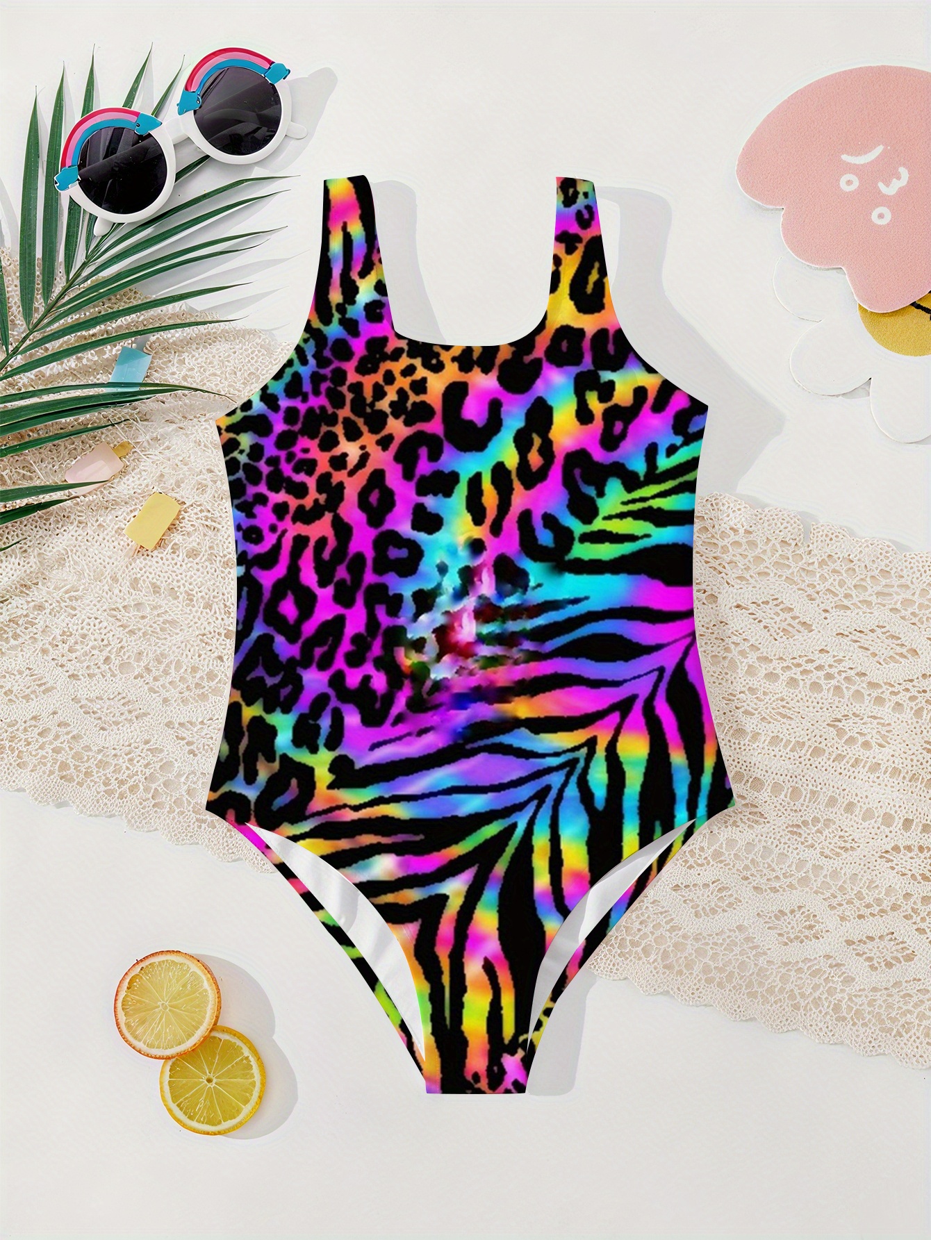 1pc Girls Neon Leopard Print & Tropical Leaf Bikini Swimsuit - Sleeveless Round Neck High-Waisted Beachwear  -Dry Fabric, Machine Washable for Summer Pool, Vacation & Parties -  /Blue/Purple/Orange/Yellow   (Youth Girls)