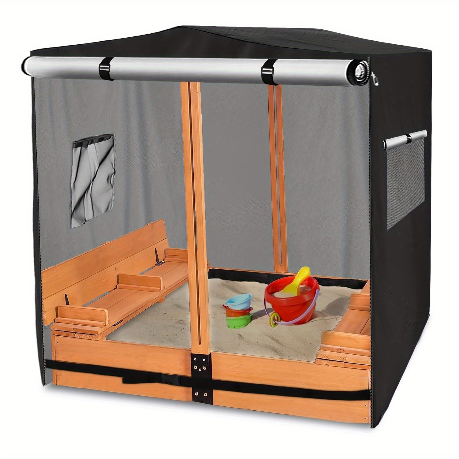 

Waterproof Uv-resistant Wooden Sandbox Cover With And Foldable Long Chair, Black Fabric, , Without Frame