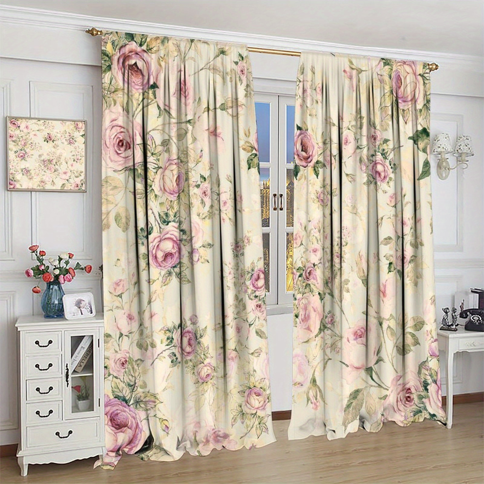 TEMU 2pcs Bohemian Floral Blackout Curtains - Colorful Rose And Leaf Design, Sheer Polyester Fabric, Privacy Protection For Bedroom, Living Room,