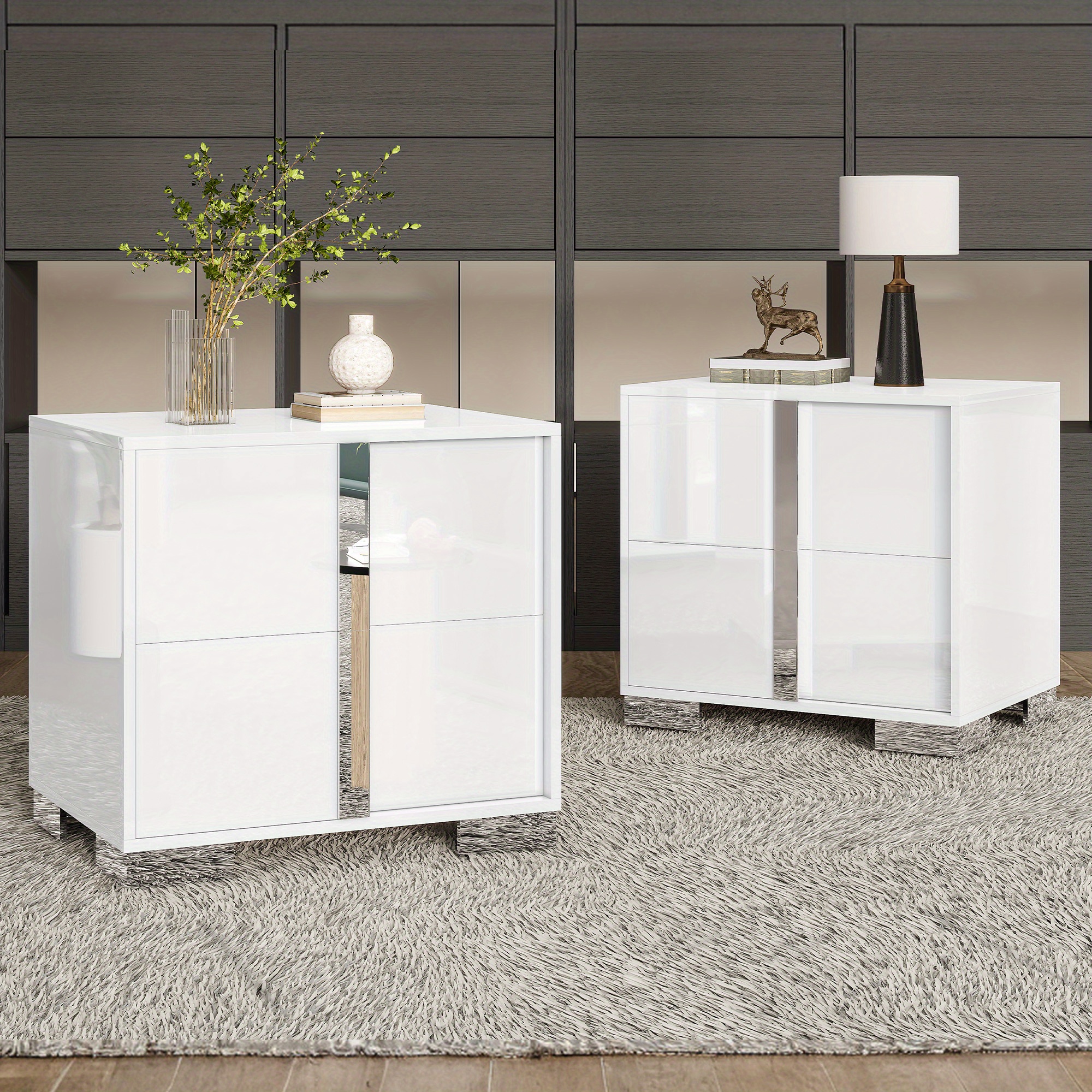 Contemporary Bedside Table, 23.6 Inches, Featuring Drawers, A High Gloss Uv Coating, And An Electroplated Handle