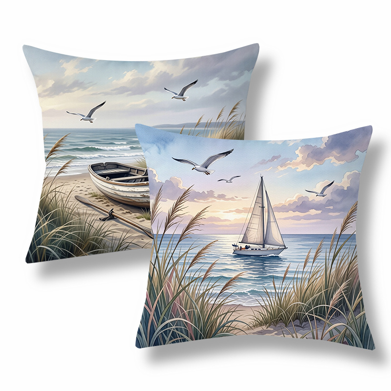 TEMU 2pcs Throw Pillow Covers, Decorative Cushion Cases, Beach & Sailboat Design With , Blue - Green Tone. Versatile Pillow Shams For Sofa, Couch,