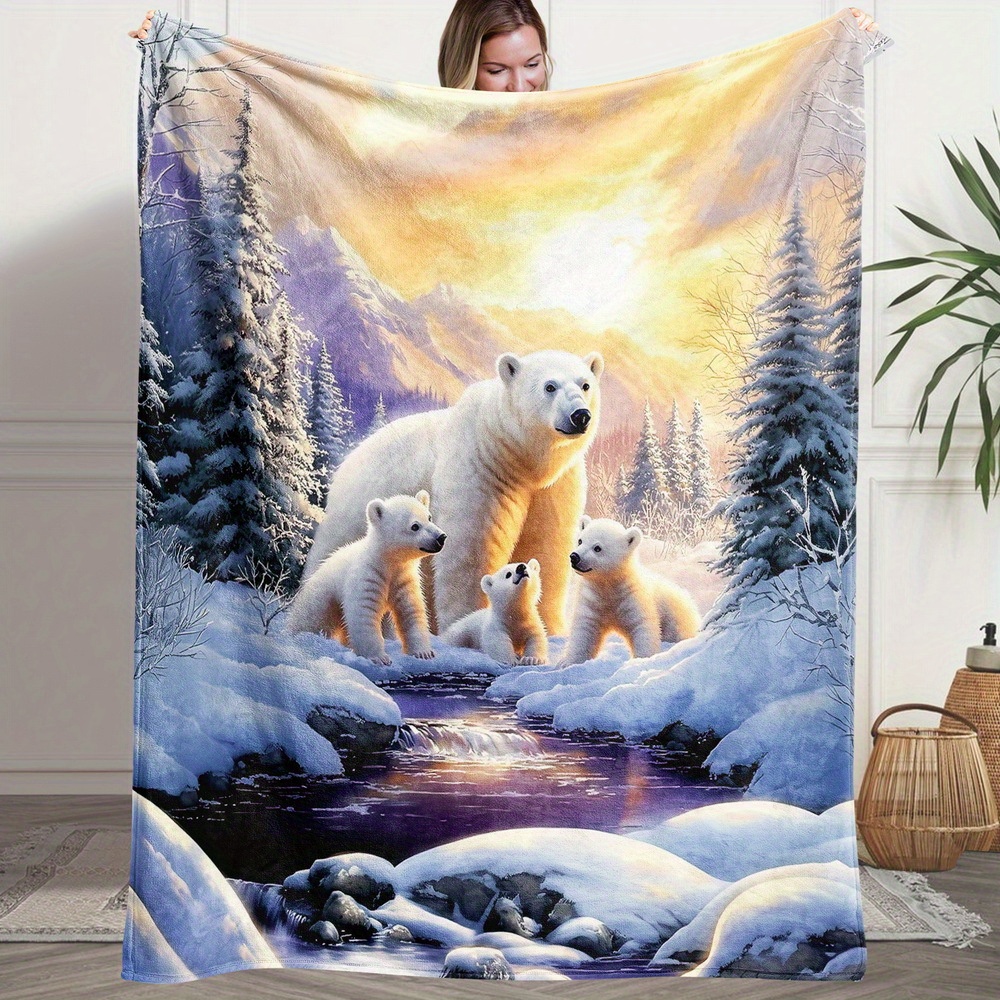 TEMU 1pc Fluffy Blanket, Animal Polar Bear Print White Throw Blanket, White Blanket Barefoot Blanket, Throw Blanket For Sofa, Winter Warm Blanket,