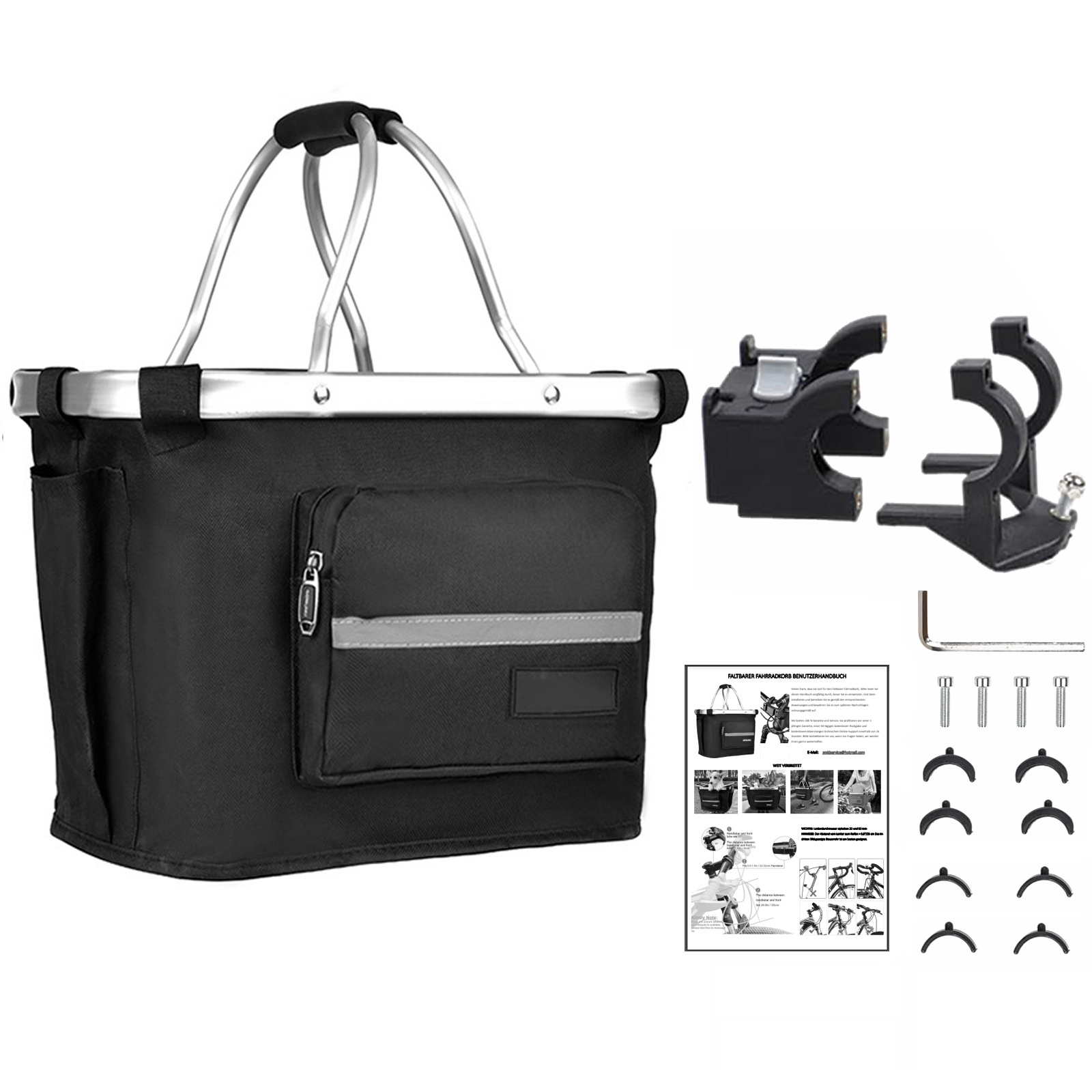 1 Set Quick Release Folding Bike Basket Detachable, Black Aluminum Front Handlebar Basket With Carry Handle For Camping, Pet, Daily - Removable Multi-use