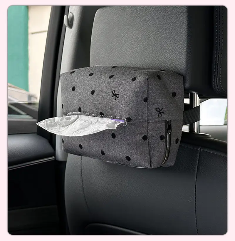 luxury elegant polka dot car tissue holder with bowknot universal fit backseat and polyester fiber ideal for armrest sun visor and console storage car accessories Product details 12