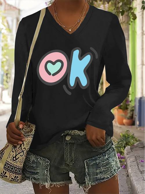 v neck long sleeve t shirt womens casual printed top easy everyday versatile pullover