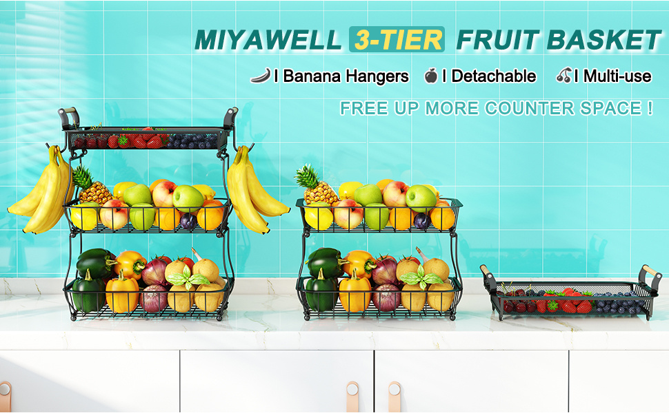 Panier à fruits métallique 3 étages Miyawell avec 2 porte-bananes - Organisateur de cuisine empilable et gain de place, grande capacité en maille aérée pour fruits, légumes et snacks, support de comptoir noir moderne, panier à fruits pour plan de travail, design industriel élégant, poignées en bois, étagères à paniers
