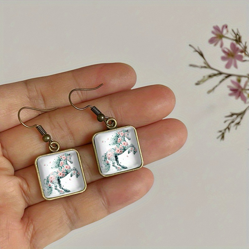 Vintage Glass Drop Earrings with Floral Designs