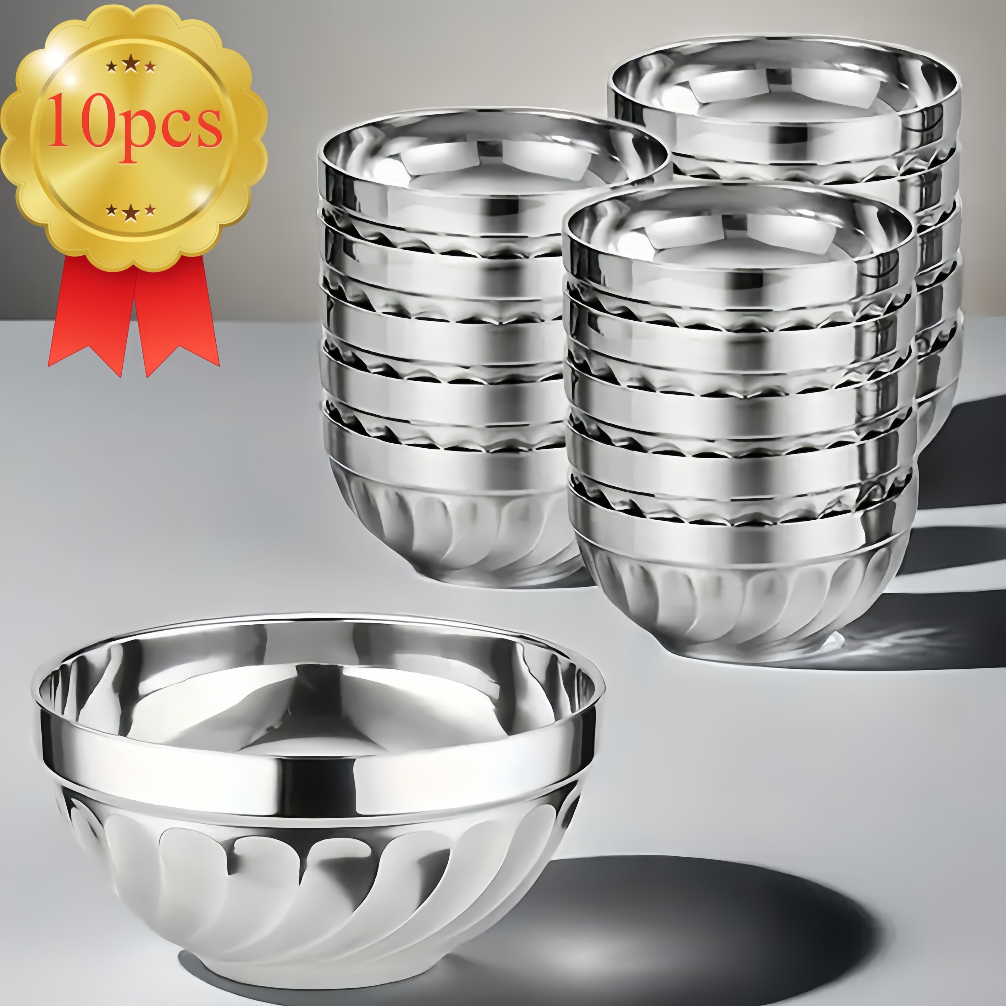 

10pcs Stainless Steel Bowls Set - Double-walled Insulated Soup Bowls, Heat-resistant, Anti-scald, Food-grade, For Cooking, Baking, Serving - Kitchen