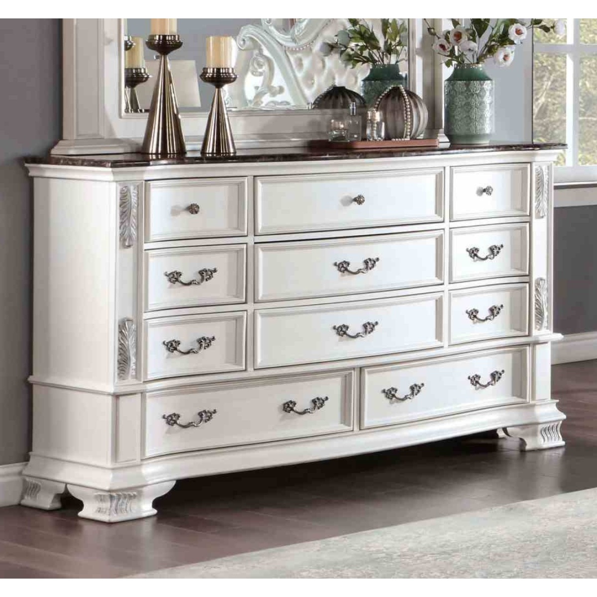 Luxury White 1pc Dresser Dovetail Drawers Genuine Marble Top Bronze Round Knob and Hanging Pulls BedroomEasy to Install Storage Unit Ready to Use Out of Box