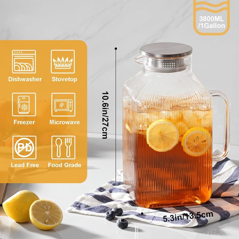 1 gallon 128oz square glass pitcher with lid and handle pitchers with handle fridge borosilicate glass carafe with vertical   hot cold drink