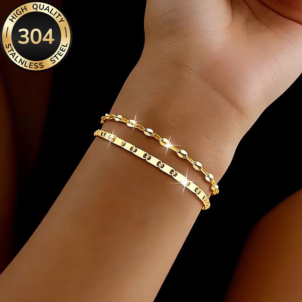 2pcs Golden Stackable Bracelets, Hypoallergenic Stainless Steel