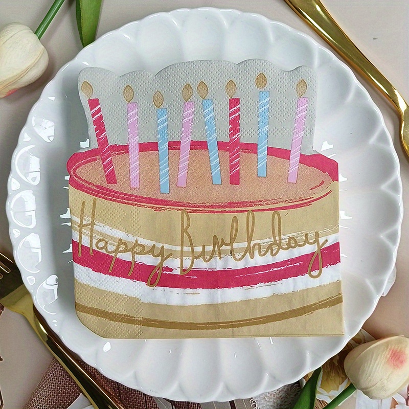 TEMU 20pcs Birthday Cake Printed Napkins - Irregular Shaped Disposable Party Decorations With Happy Birthday Script, Colorful Candles & Layers Design