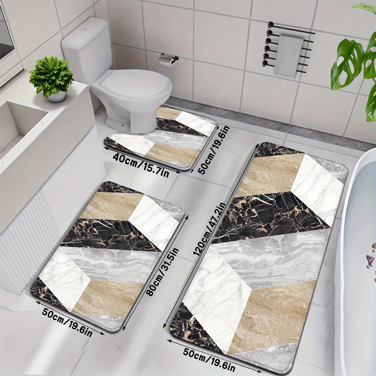 TEMU [open ] 2pcs/3pcs Gray- Pattern Geometric Bathroom Mat Set, Strong Water Absorption, Including U-shaped Toilet Mat, Suitable For Kitchen,