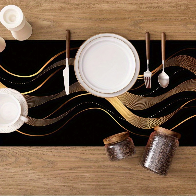 TEMU Elegant Black And Golden Abstract Art Table Runner - Linen Rectangular Table Runner, Holiday Dining Decoration And New Year Gift, Suitable For Party Home Decoration, Ideal Housewarming Gift For