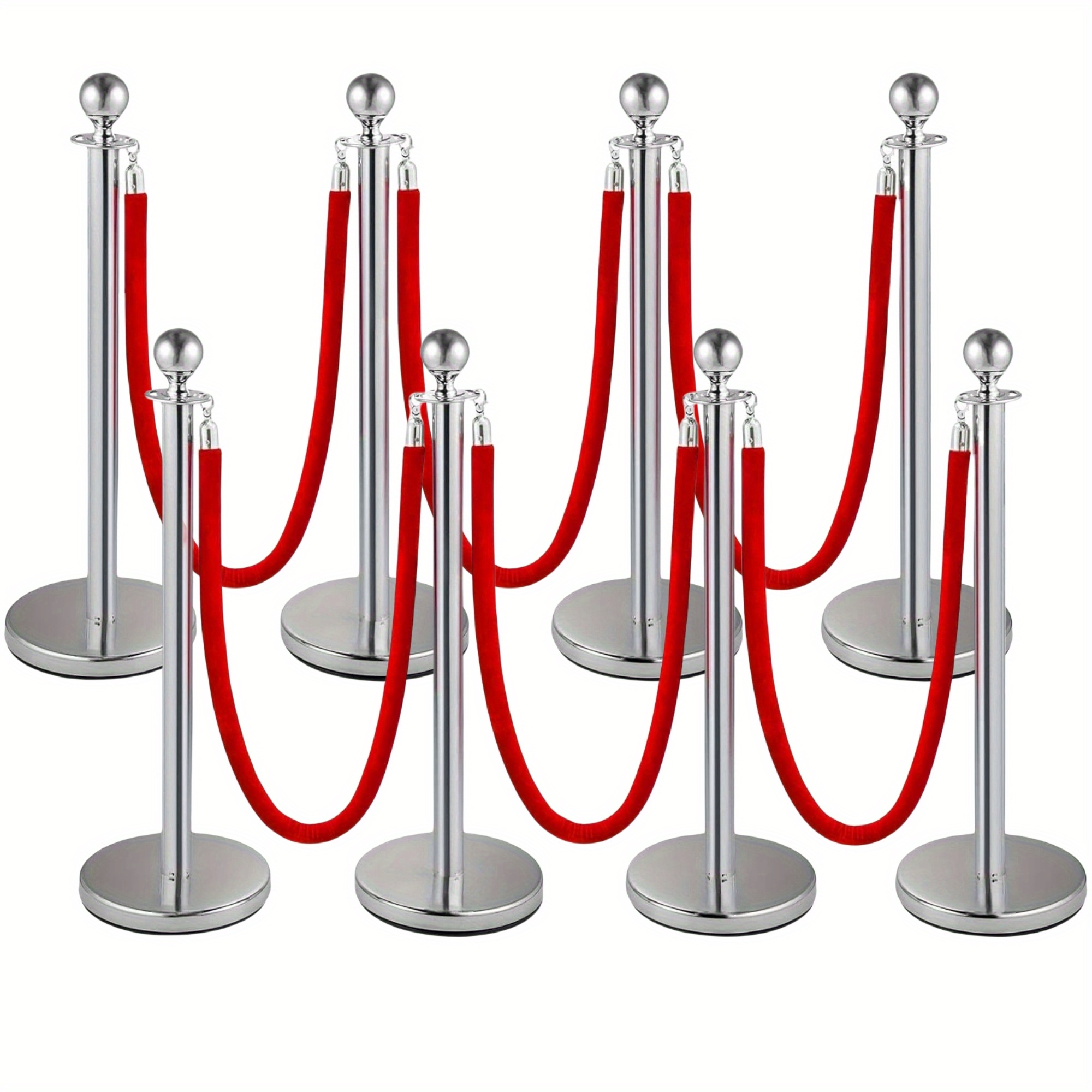 Image of 8pcs Stainless Steel Post, Stanchions With Red Rope, Hollow Base And 5ft Velvet Ropes Safety Barriers Set (8pcs-silvery+6pcs Ropes)