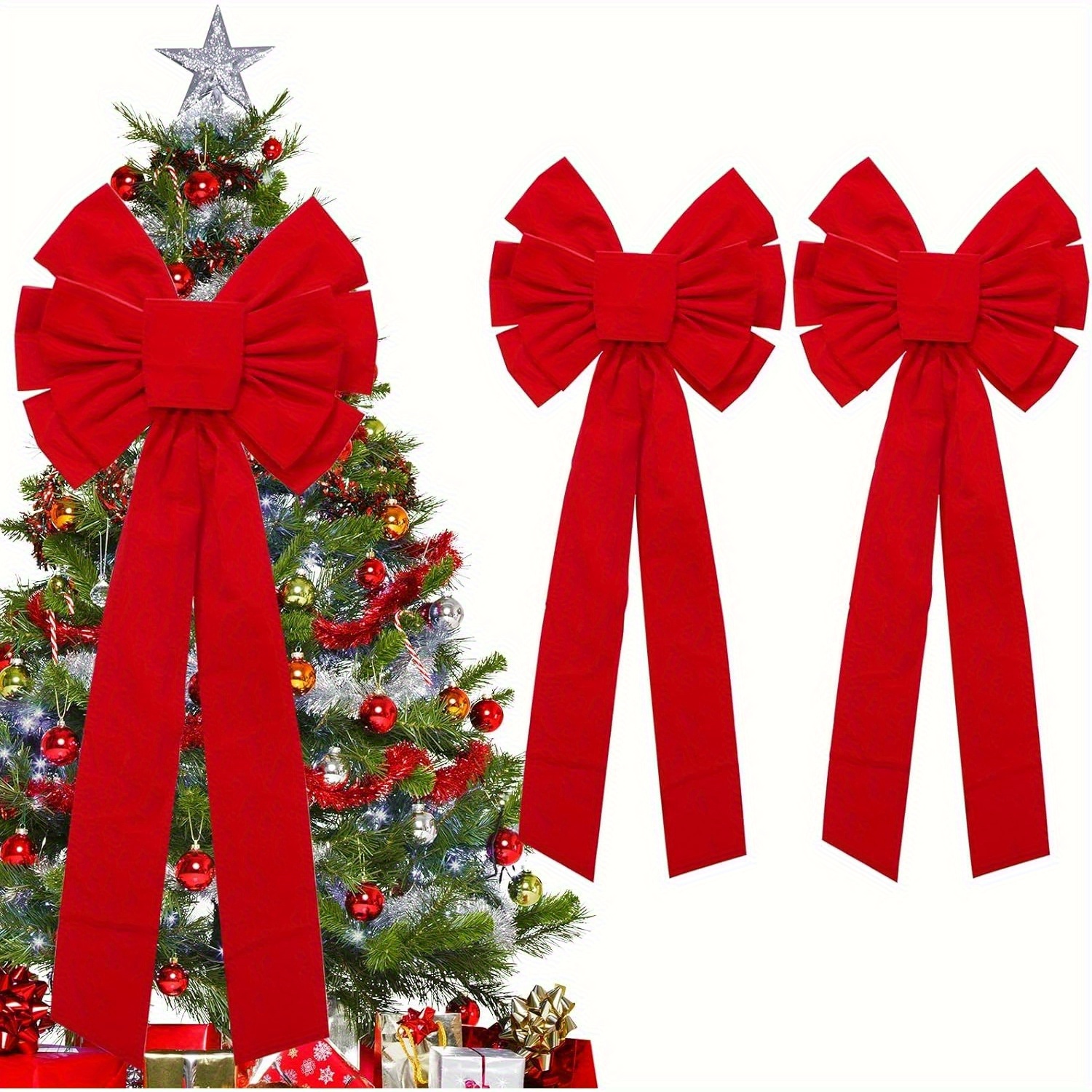 Image of 2pcs Large Red Velvet Christmas Bows- 12.6inch X 25.59inch| Perfect For Christmas Tree Hair Ornaments, Wreaths And Outdoor Decorations