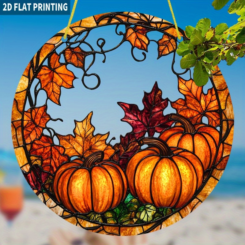 2d Flat - A 2d Autumn Pumpkin Sun Catcher For Season, Featuring A Round Acrylic Sign Measuring 7.87x7.87 Inches, Designed In A Colorful For Window Hanging Decoration, A Warm And Festive Atmosphere