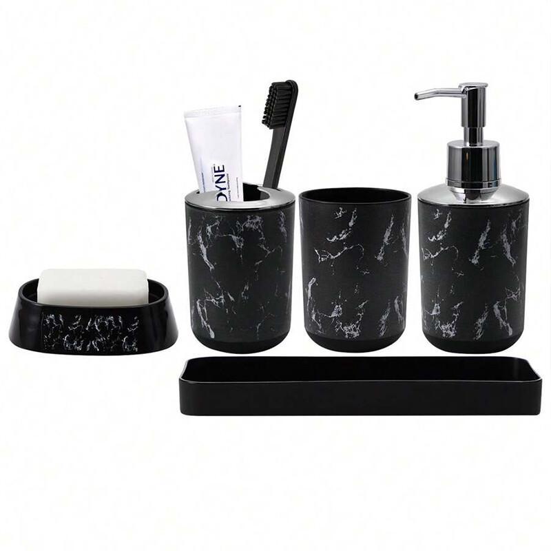 Image of Marble Patterned Bathroom Set, Including Mouthwash Cups, Toothbrush Holder, Soap Dispenser, Soap Box, Tray, Toilet Brush, Trash Can, And Swab Box