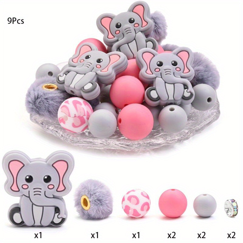TEMU 9pcs Packed Silicone Animal Beads, Including Cow, Lion, Elephant, And Panda In Shapes, Round Bead Combination Set For Handmade Jewelry Making,
