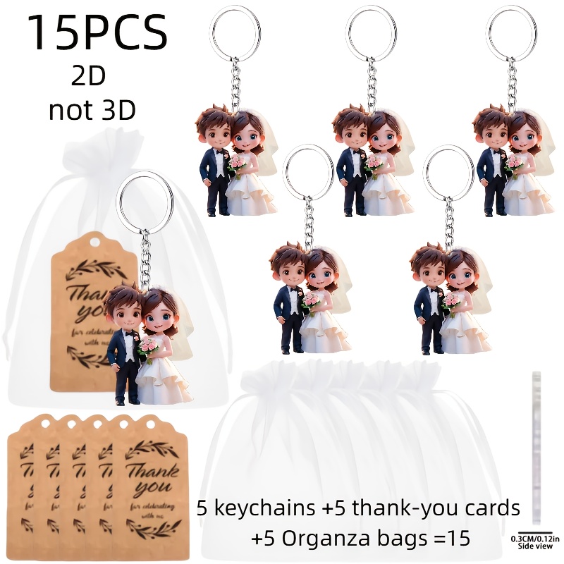 TEMU Plat 2D, Lot de 5 porte-clés acryliques plats 2D style bohème pour couple - 5 porte-clés acryliques avec 2D + 5 cartes de remerciement + 5