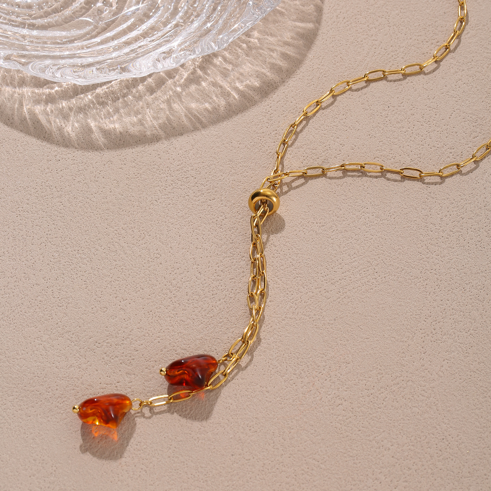 TEMU Lnchran304l Stainless Steel Adjustable Amber Crushed Stone Y-shaped Long Paper Clip Chain Women's All-match Clavicle Necklace