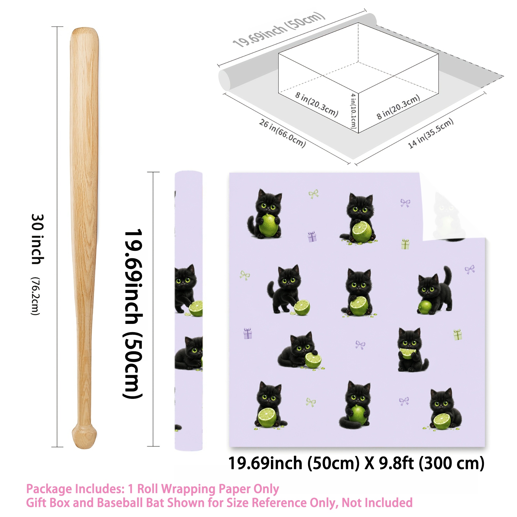1롤 포장지 1.64ft x 9.84ft 검은 고양이와 라임 패턴 보라색 배경 선물 포장지, 선물 포장, 생일 파티, 휴일, 기념일, 결혼식 답례품, 감사 선물용