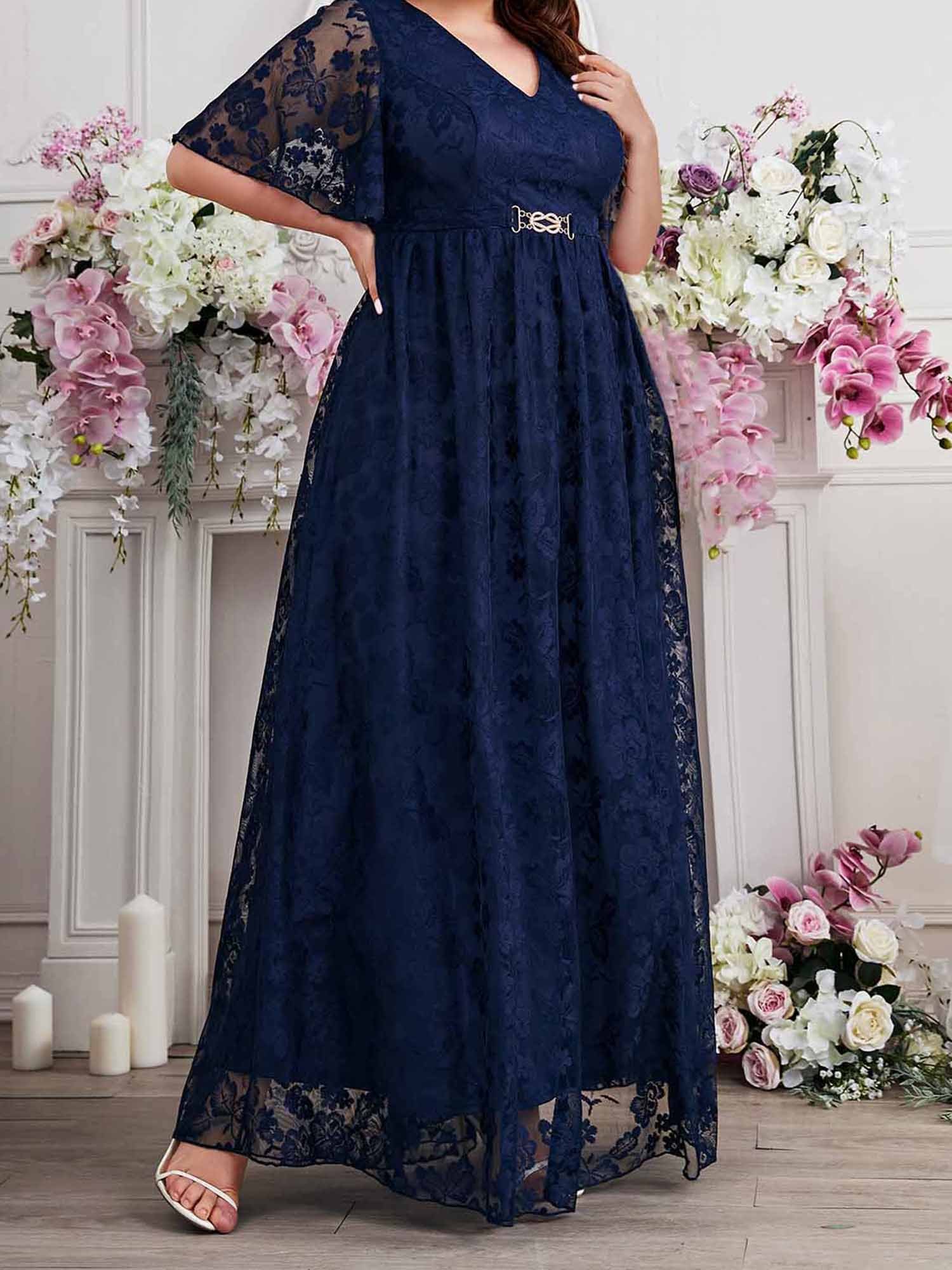 womens floral lace long dress half sleeve v neck plus size