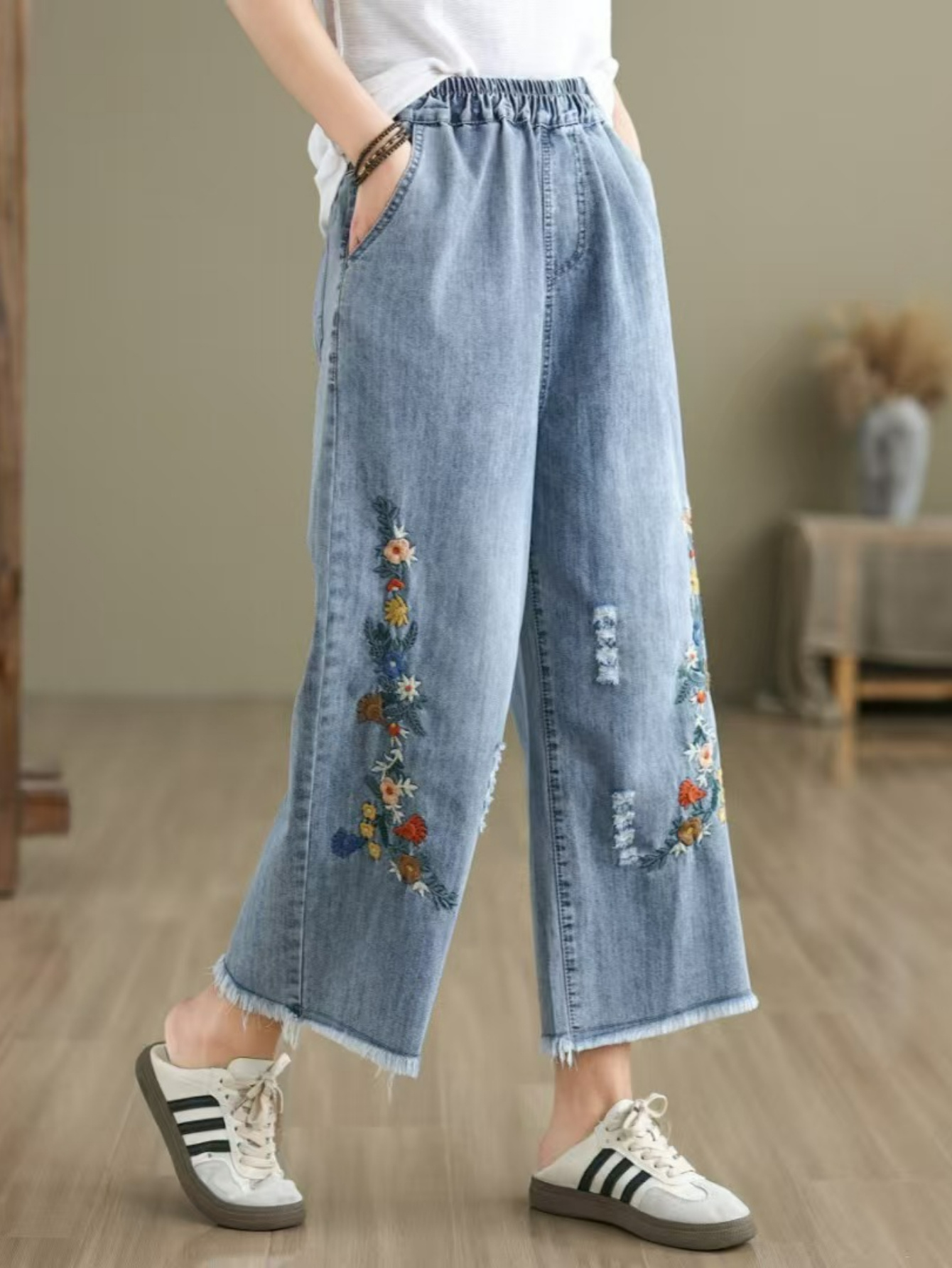 Pantalon Large Jean Fille Jean Baggy Fille - Taille élastique Avec Broderies (3-15 Ans) Jean 3 16