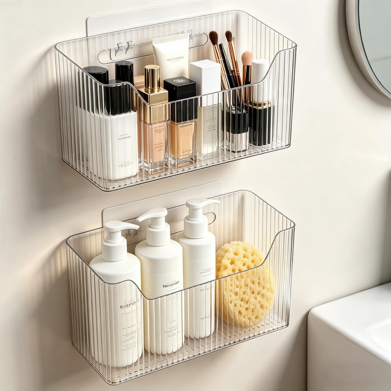 TEMU 2 Packs Cabinet Door Organizer Wall Mounted Shower Basket, Stackable Plastic Adhesive Organizer For Bathroom, Kitchen, Cabinet, Pantry, Makeup,