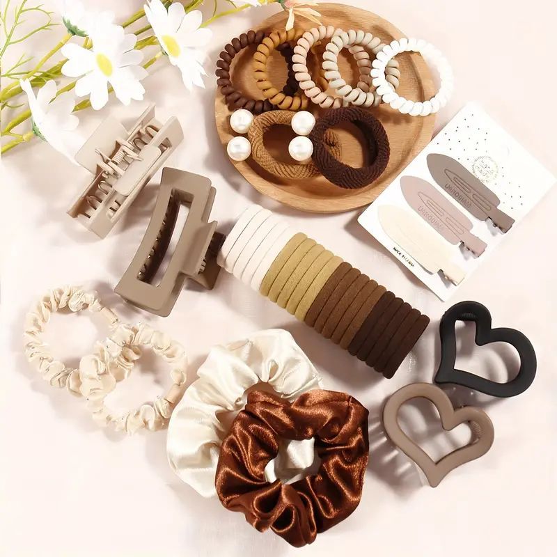 

38pcs Elegant Women's Hair Accessory Set In Coffee & Frosted Heart Designs - Includes Large Scrunchies, Pins, Headbands, Non-slip Ponytail Holders - Stylish Updos