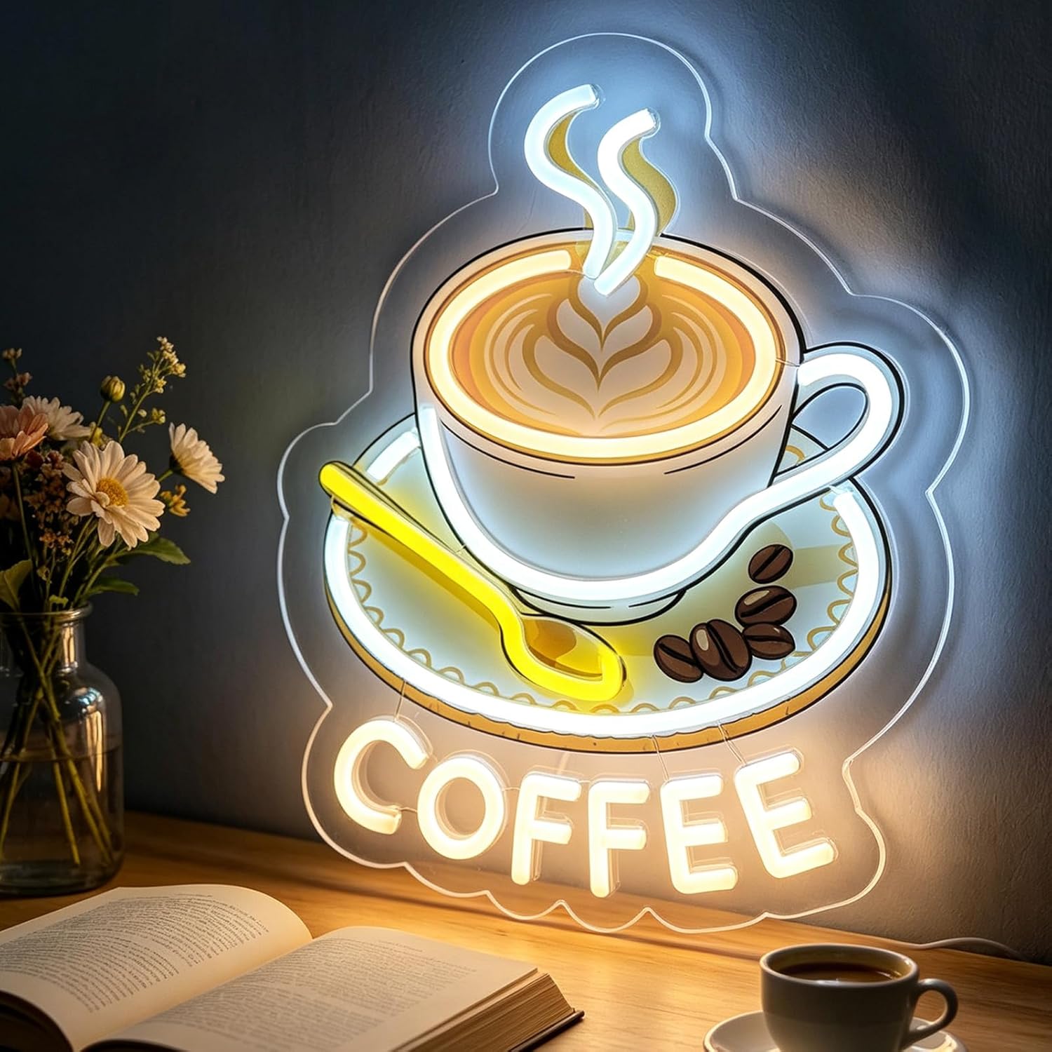 TEMU Enseigne Néon Café, Enseigne LED Imprimée UV, Convient pour la Décoration de Vitrine Commerciale et de Boutique, Enseigne Murale Lumineuse à