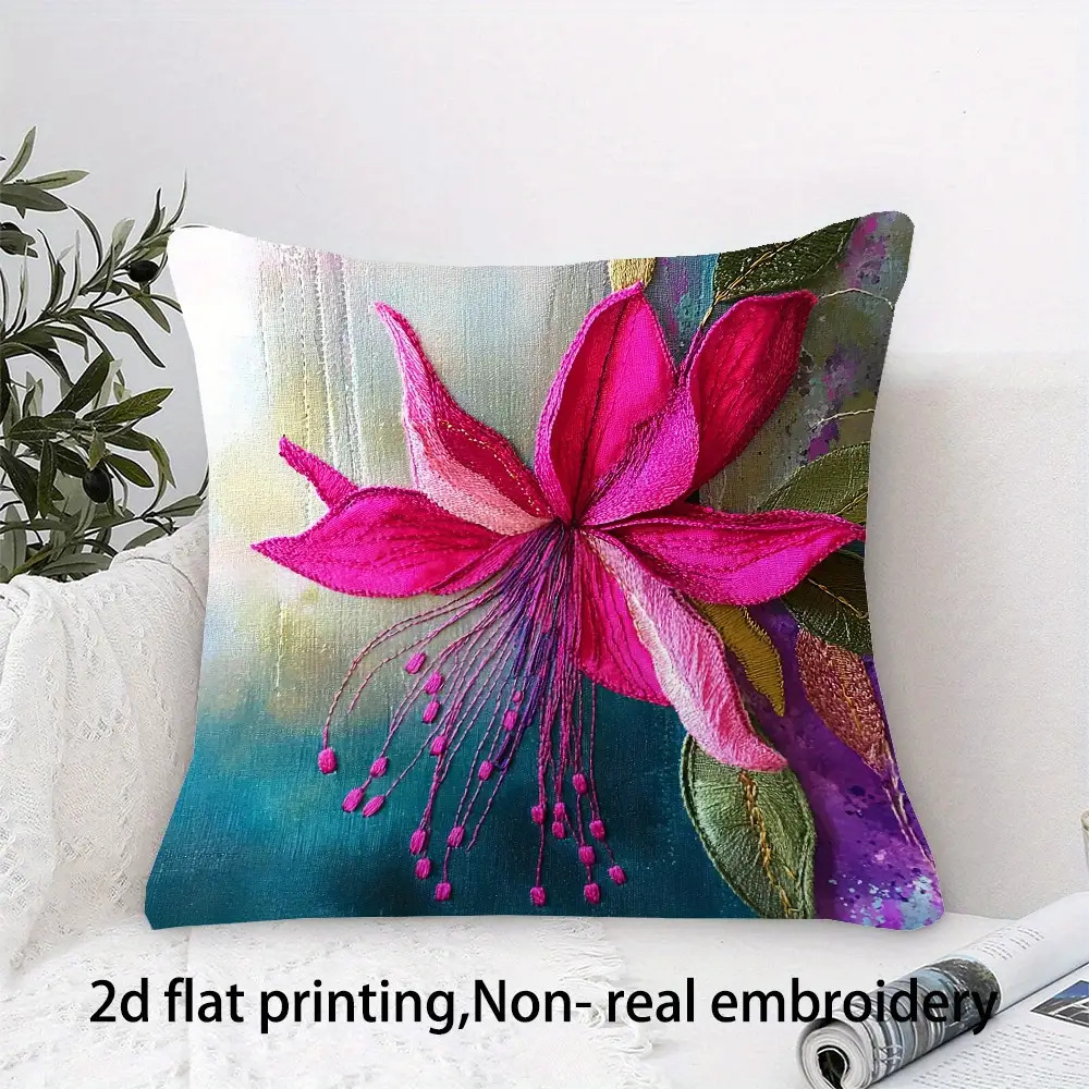 TEMU 1pc Double-sided Floral Decorative Pillow Cover - Featuring A Teal Background With Pink Flowers, Cushion Cover Has A Zipper Closure And Is