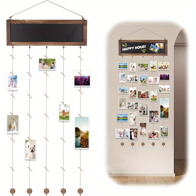 Image of Qivine 89.92 Cm Rustic Wooden Bohemian Photo Display With Clips - Natural Wood Wall Hanging Photo Board, Woven Photo Hanging For Dorm, Bedroom, Living Room Home Decoration, Sturdy Construction
