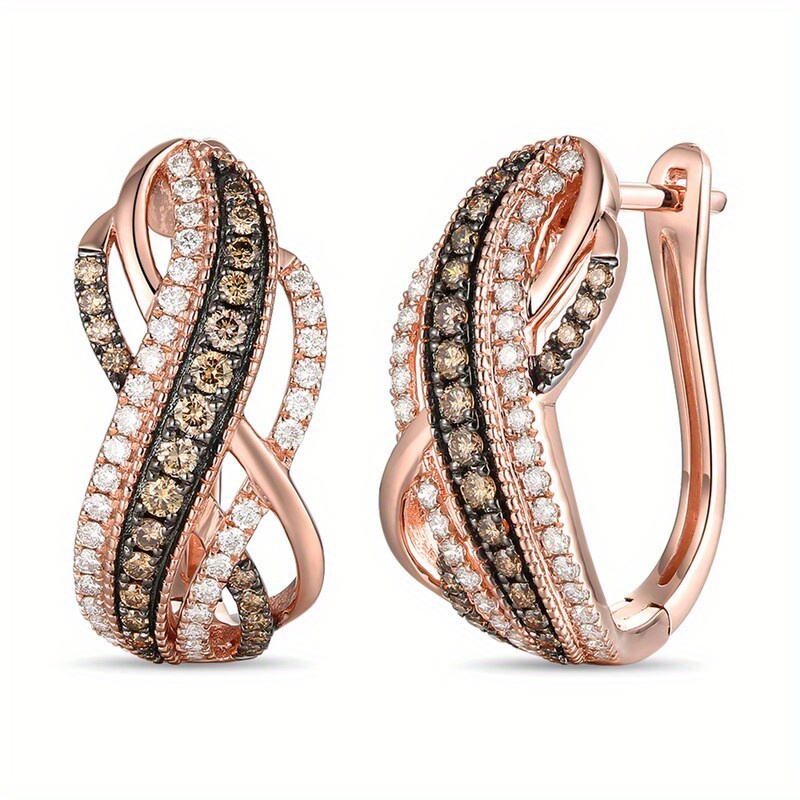 Image of Luxurious High-end Copper Handmade Earrings With Electroplated 2 Tone Women's Earrings Inlaid With White Synthetic Zirconia Rose Golden Hoop Earrings