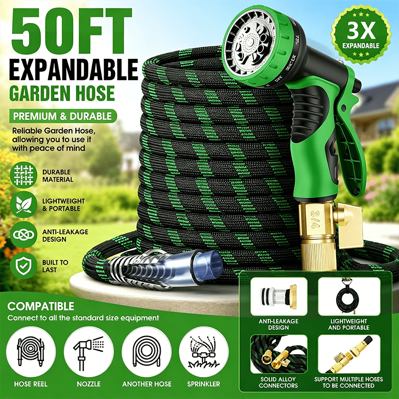 TEMU 100/50ft Heavy-duty Rubber Garden Hose With 10 Function High-pressure Nozzle - Lightweight, Suitable For Courtyard, Lawn, Car Wash, And Outdoor