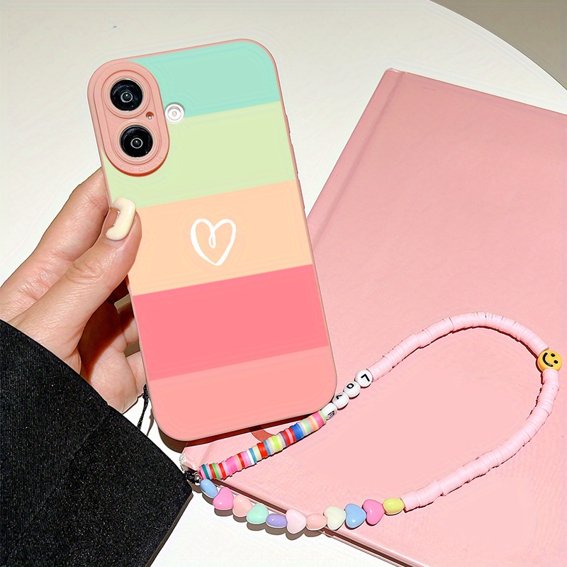 TEMU Phone Case: 2025 New Fashionable And Delicate Full-coverage Shockproof Colorful Stripe Pattern Anti-loss Lanyard Phone Case For Iphone 16 15 14