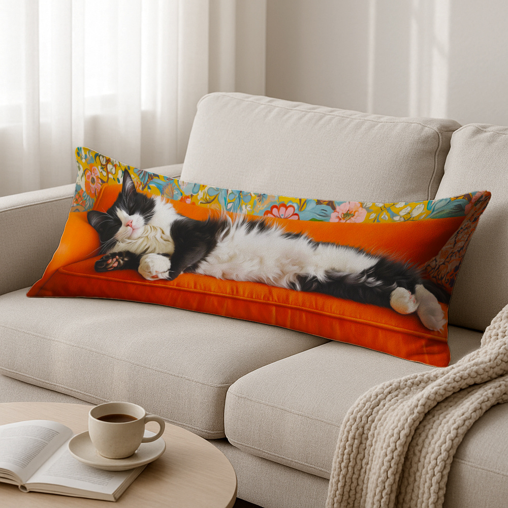 TEMU 1pc Soft And Stylish Long Pillow Cover 20x54inch/51x137cm Cat Relaxing - Black And White Cat On Orange Couch Perfect For Bedroom Living Room Or