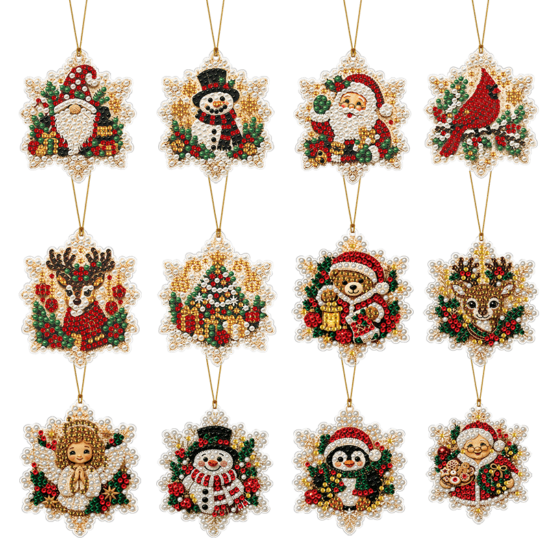 TEMU 2d Flat, 12pcs Christmas Snowflake Pearl Diamond Painting Pendants Set, 2d Flat Acrylic Christmas Tree Decor, Diy Pearl Art Pendants, Decor,
