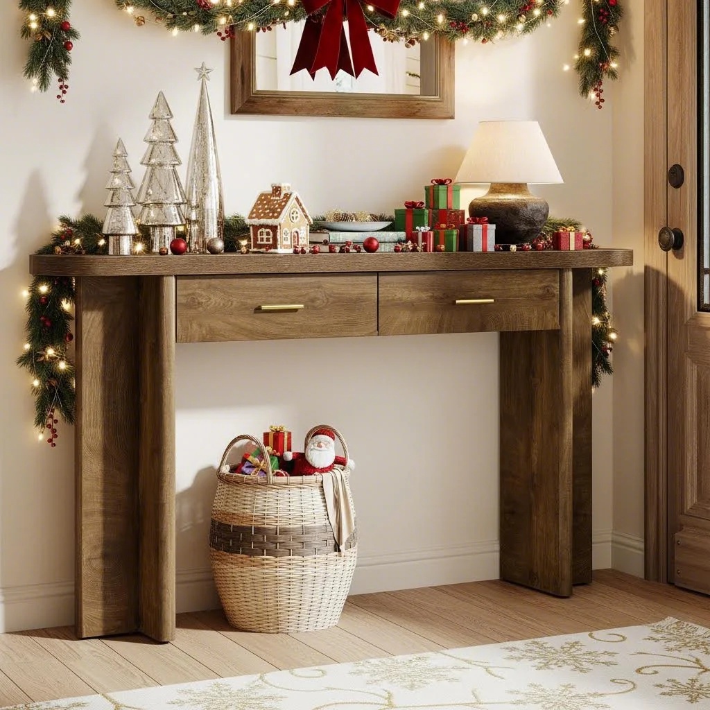 63-inch Oval Console Table With 2 Drawers, Farmhouse Entryway Table With Storage For Hallway Living Room, Brown (1pc)