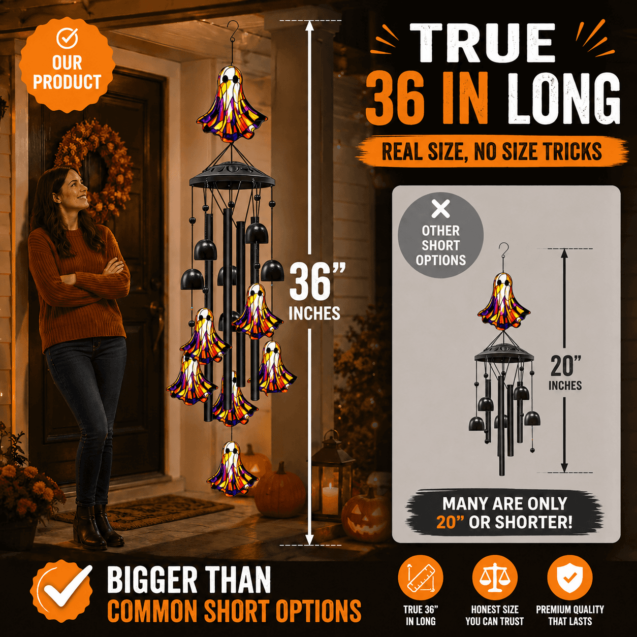 TEMU 36 Inch Halloween Wind Chime, Colorful Stained Topper With Black Metal Tubes For Porch, Patio, Yard, Front Door, Haunted , Fall Home Decor,