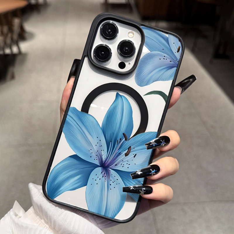 TEMU Phone Case: Magnetic Case For 14/13/12 Series With Magsafe, Creative Blue Lily Floral Pattern, Full-edge Drop-proof Tpu Soft Case, Stylish