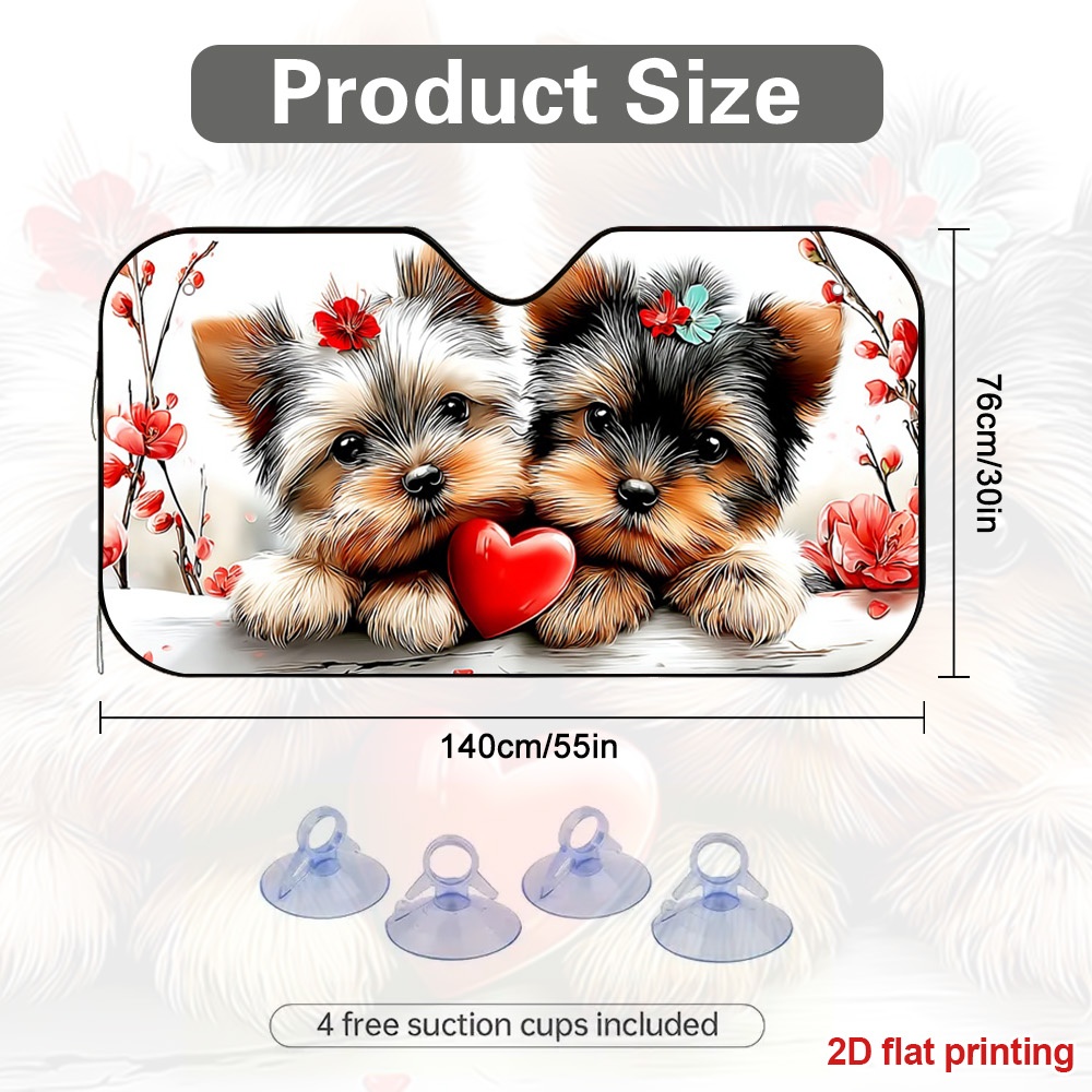 TEMU 1pc 2d Flat Yorkie Puppies With Heart Pattern Car Front Window Sunshade - Foldable Windshield Sun Visor With Universal Fit, Protection Cover For