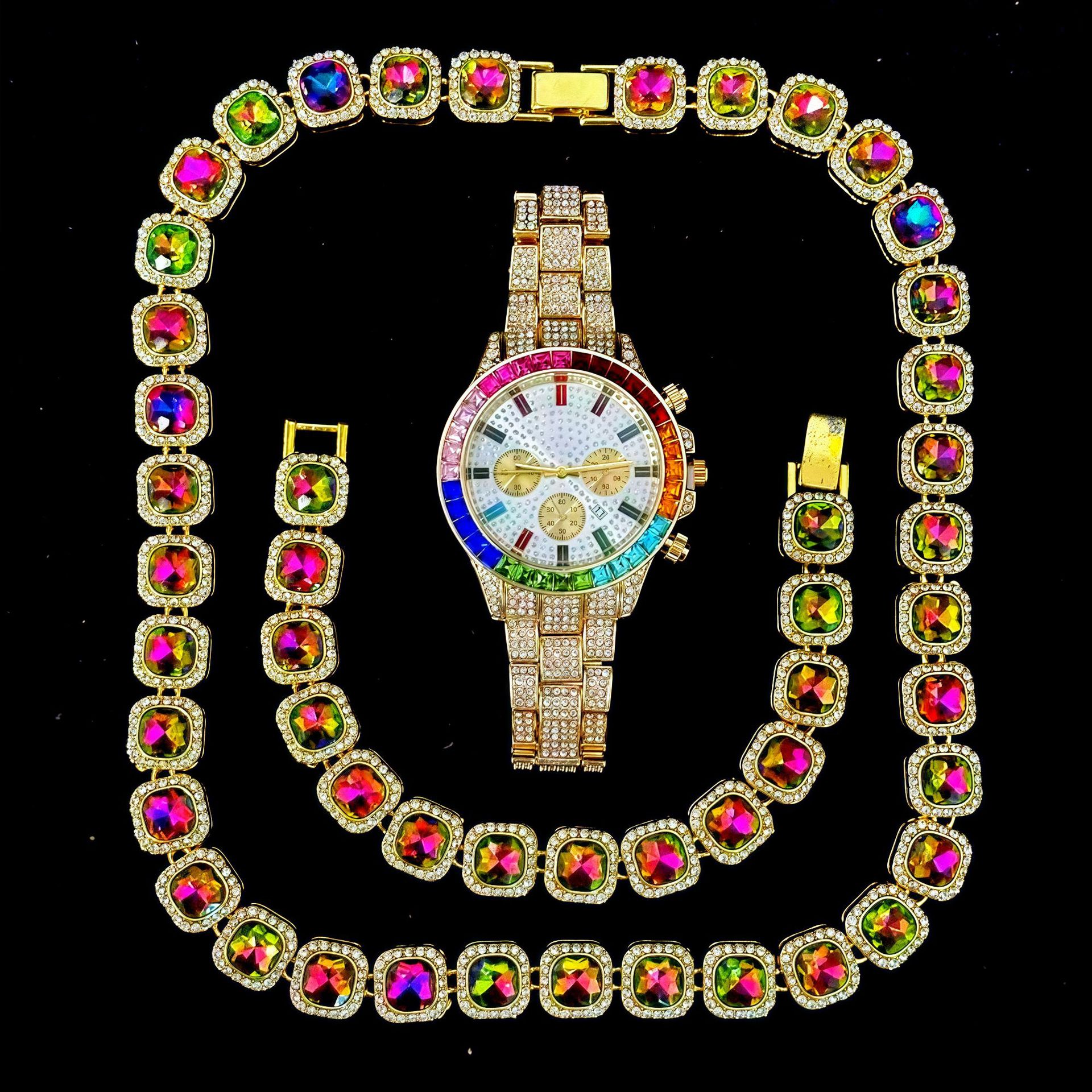 TEMU 3pcs Hip Hop Rock Y2k Style Men's Bracelet Watch Set - Includes Gemstone Necklace, Gemstone Bracelet Bracelet, Inlaid Men's Sports Watch,