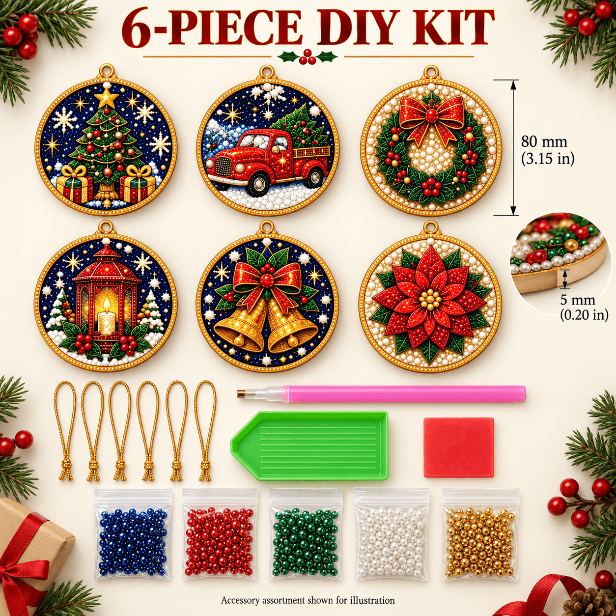 TEMU Lot de 6 décorations de Noël à peindre soi-même avec perles et - Décorations rondes à suspendre au sapin ; Cadeaux festifs main et décoration de
