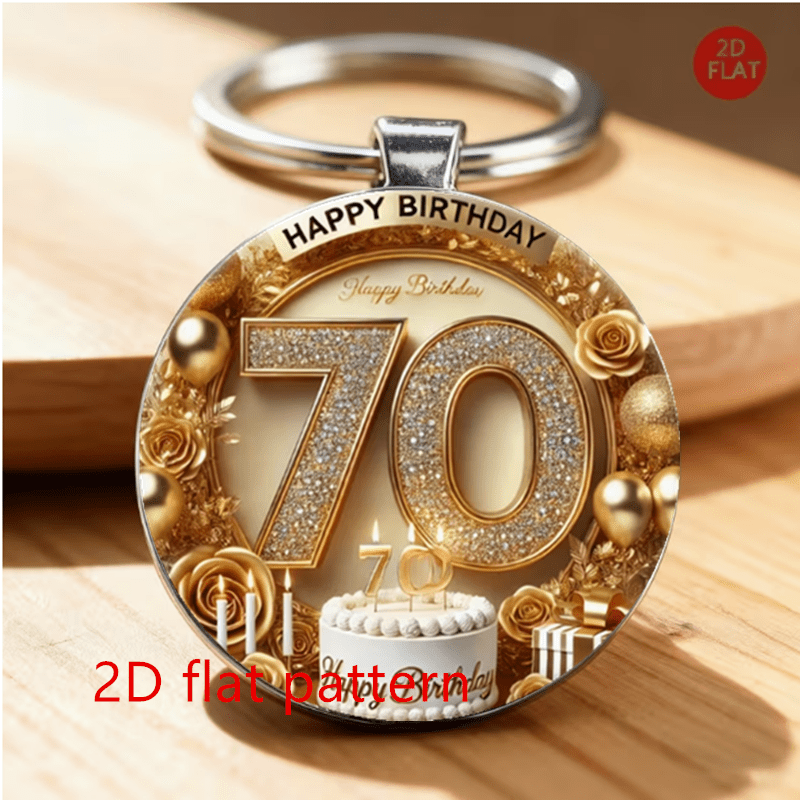 TEMU 1pc 2d 70th Birthday Celebration Keychain, Elegant Golden Floral Key Ring, Perfect Birthday Party Favor & Souvenir