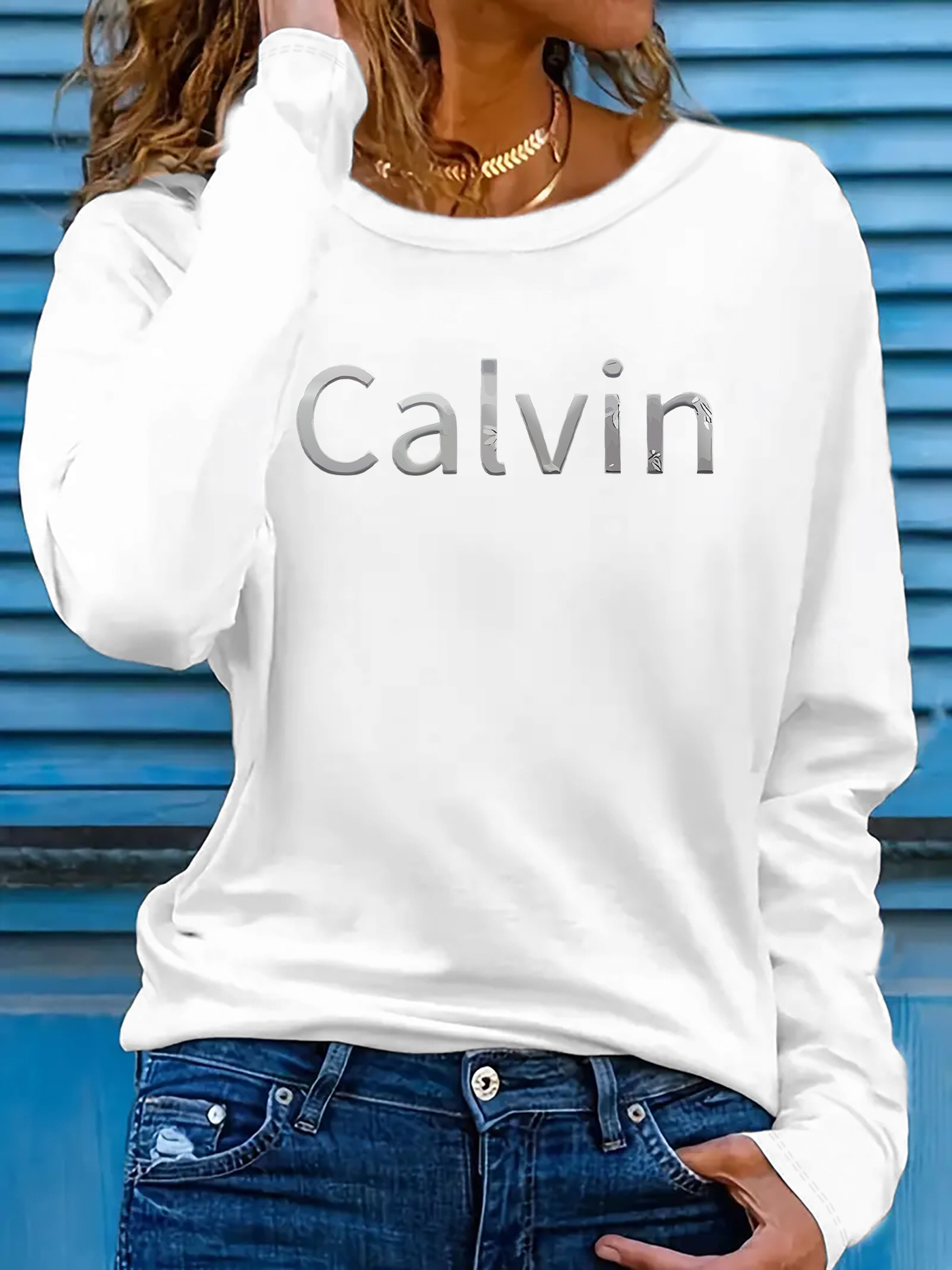 Women'S Long Sleeve Crew Neck T-Shirt, Stretchy Polyester Blend, Geometric Letter Print, Casual Vacation Style, Applique Detail, Machine Washable - Spring/Summer Sportswear, Ladies T Shirts