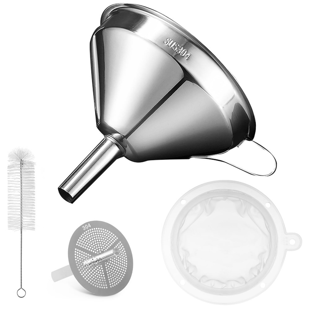 Stainless Steel Kitchen Funnel Set With Strainers & Cleaning Brush - Oil, Grease, Juice, Milk | Dishwasher Safe, Handle, Kitchen Gifts