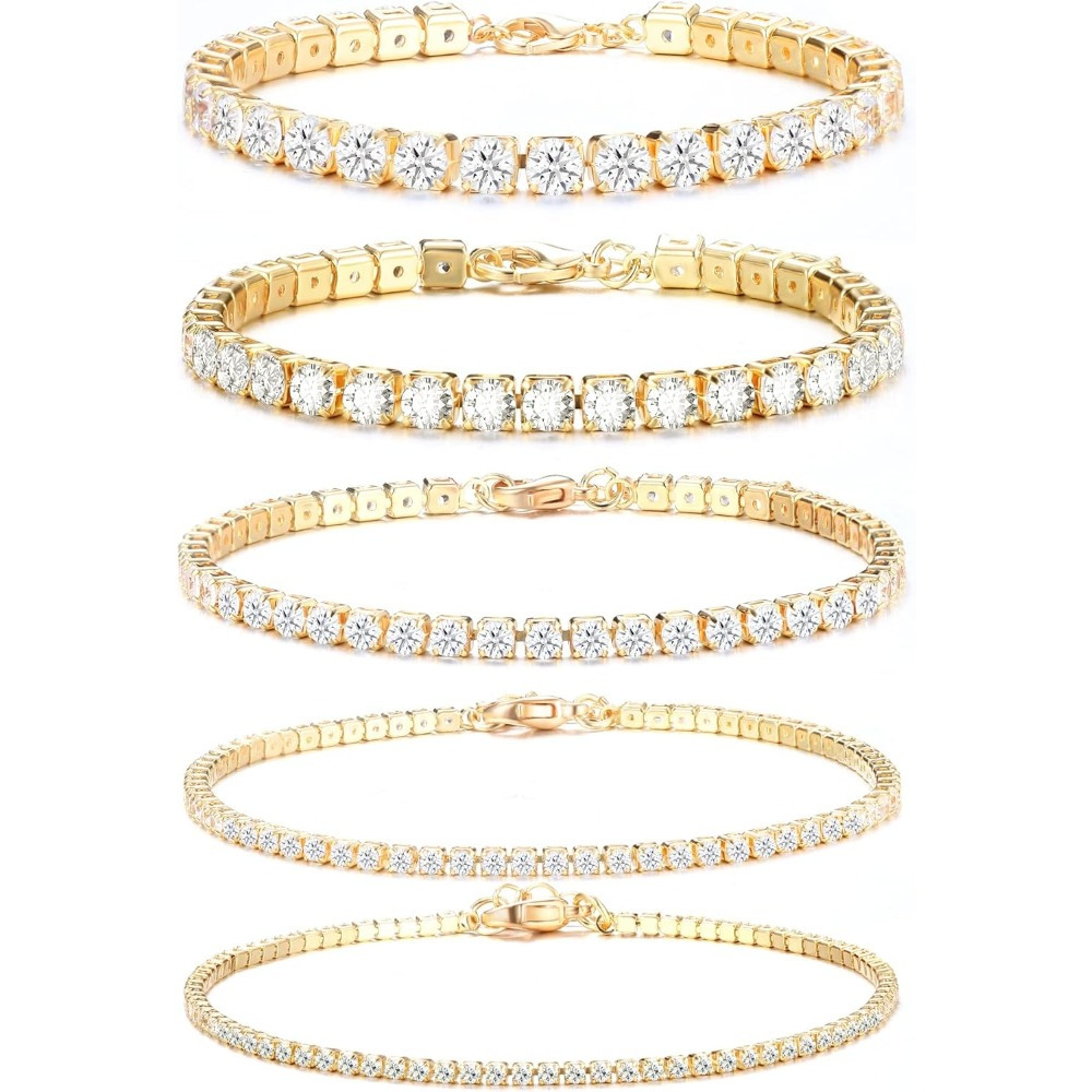 

5pcs Set Sparkling Tennis Bracelets For Women - Golden Cubic Zirconia, Nickel-free Alloy, Parties & Gifts