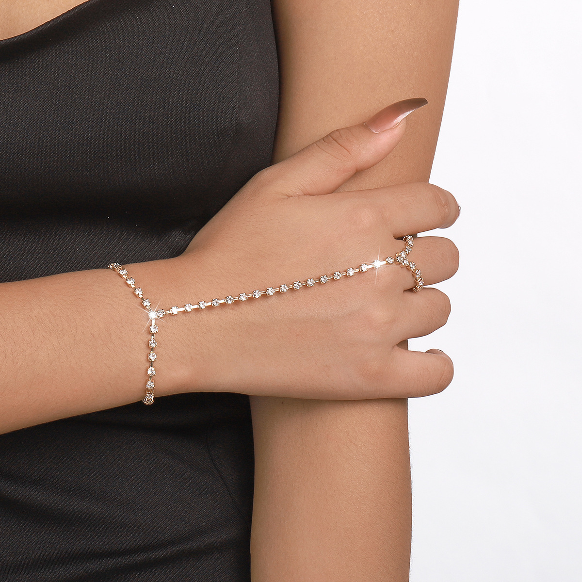 French Claw Chain Bracelet with Rhinestones Ring