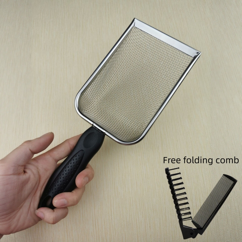 TEMU 2pcs=1pc Stainless Steel And 1pc Folding Comb Gift, Metal Cat Litter Waste Shovel, Suitable For Cats, Dogs, Kittens, Rabbits, Hamsters, Reptiles